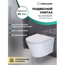 Унитаз Ambassador Ritz 233K19003RS 53х36, Подвесной, Безободковый, Овальная, Белый, Сантехнический фарфор