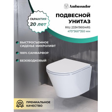 Унитаз Ambassador Ritz 233K19004RS 47,5х36, Подвесной, Безободковый, Овальная, Белый, Сантехнический фарфор