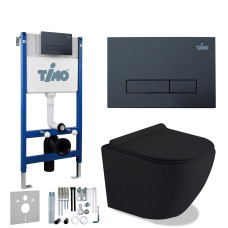 Комплект унитаза с инсталляцией Timo KULO TWC-01+FP-003MB+TK-403MB, Подвесной, Безободковый, Черный матовый, Фаянс Комплект унитаза с инсталляцией Timo KULO TWC-01+FP-003MB+TK-403MB, Подвесной, Безободковый, Черный матовый, Фаянс