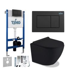 Комплект унитаза с инсталляцией Timo KULO TWC-01+FP-004MB+TK-403MB, Подвесной, Безободковый, Черный матовый, Фаянс Комплект унитаза с инсталляцией Timo KULO TWC-01+FP-004MB+TK-403MB, Подвесной, Безободковый, Черный матовый, Фаянс